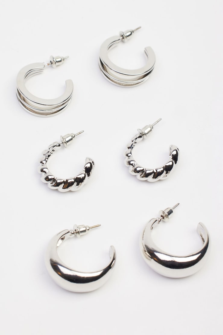 3 Pack Textured Hoop Earrings Gray - Image 2