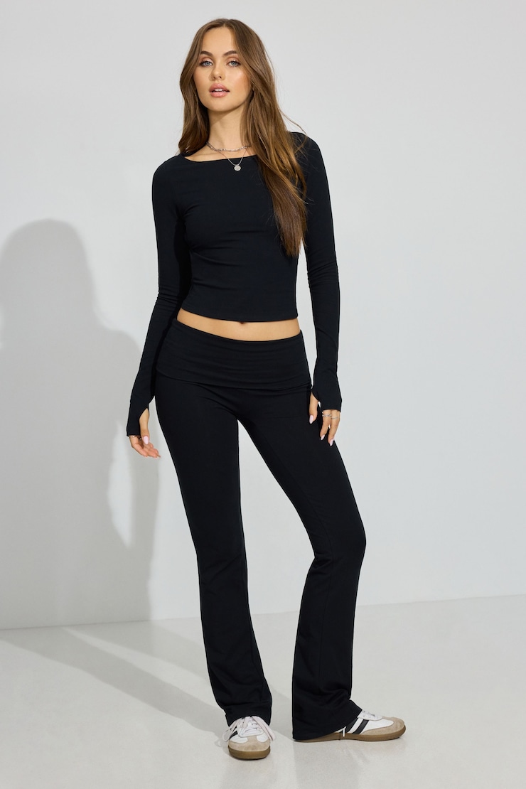 Soft Cotton Fold Over Flare Pants Black - Image 3