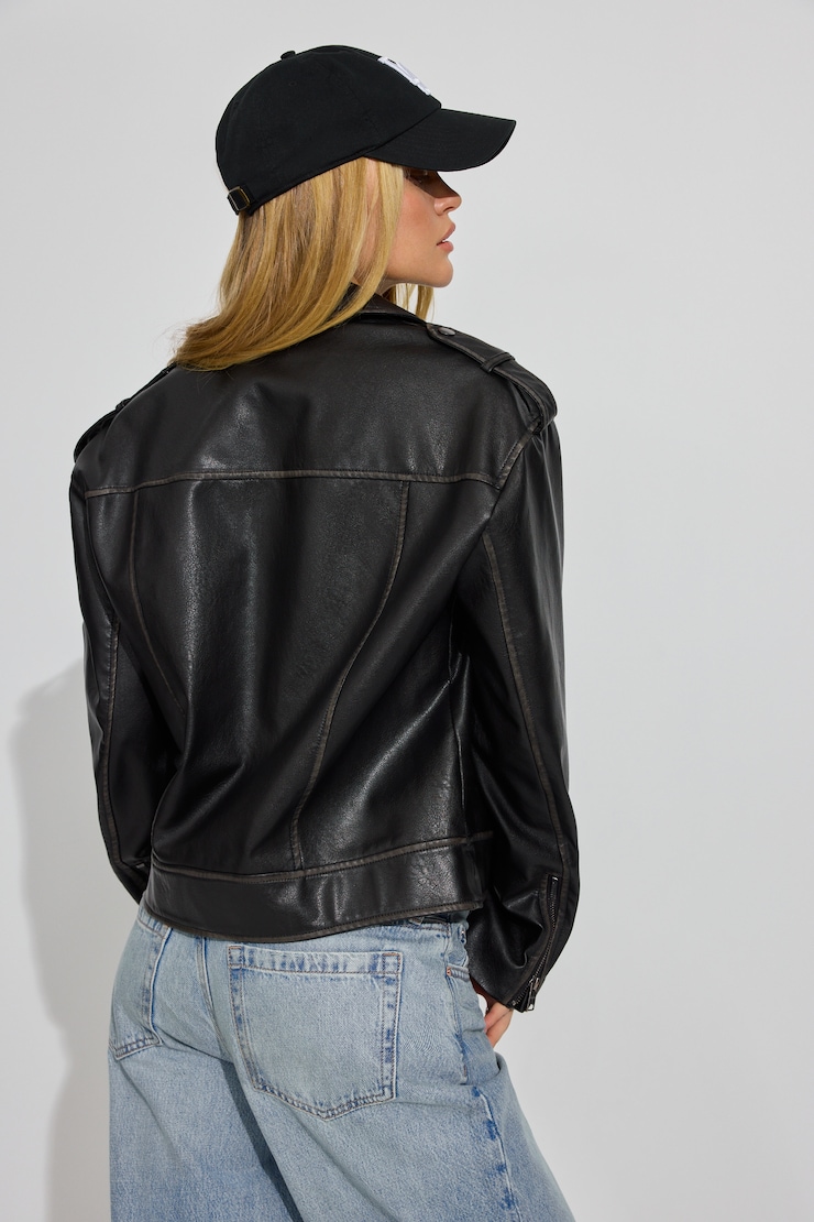 Washed Faux Leather Biker Jacket Black - Image 5