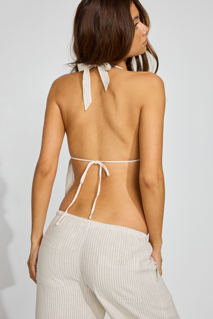 Linen Tie Back Halter Top Beige - Image 4