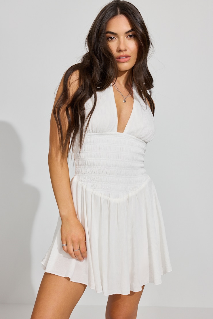 Ayla Halter Smocked Romper Dress White - Image 4