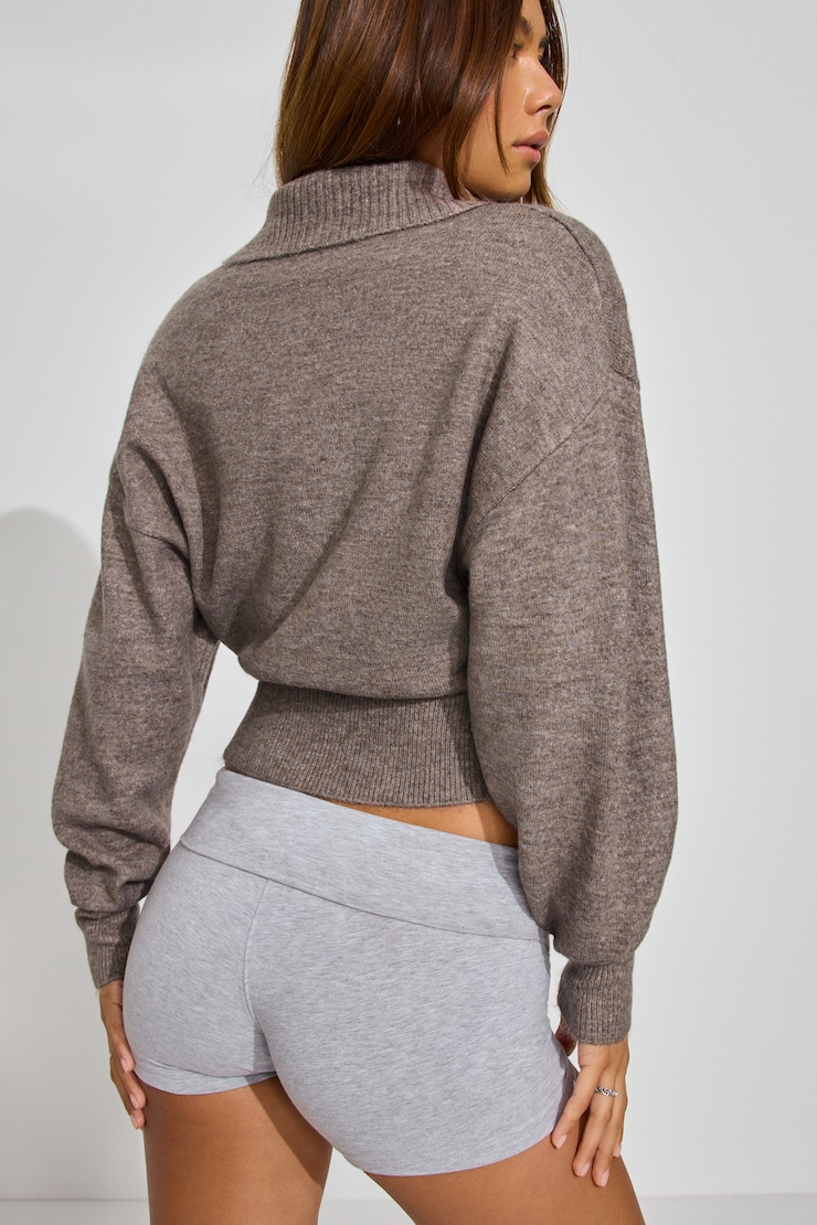 Long Sleeve Spongy Henley Sweater Brown - Image 3