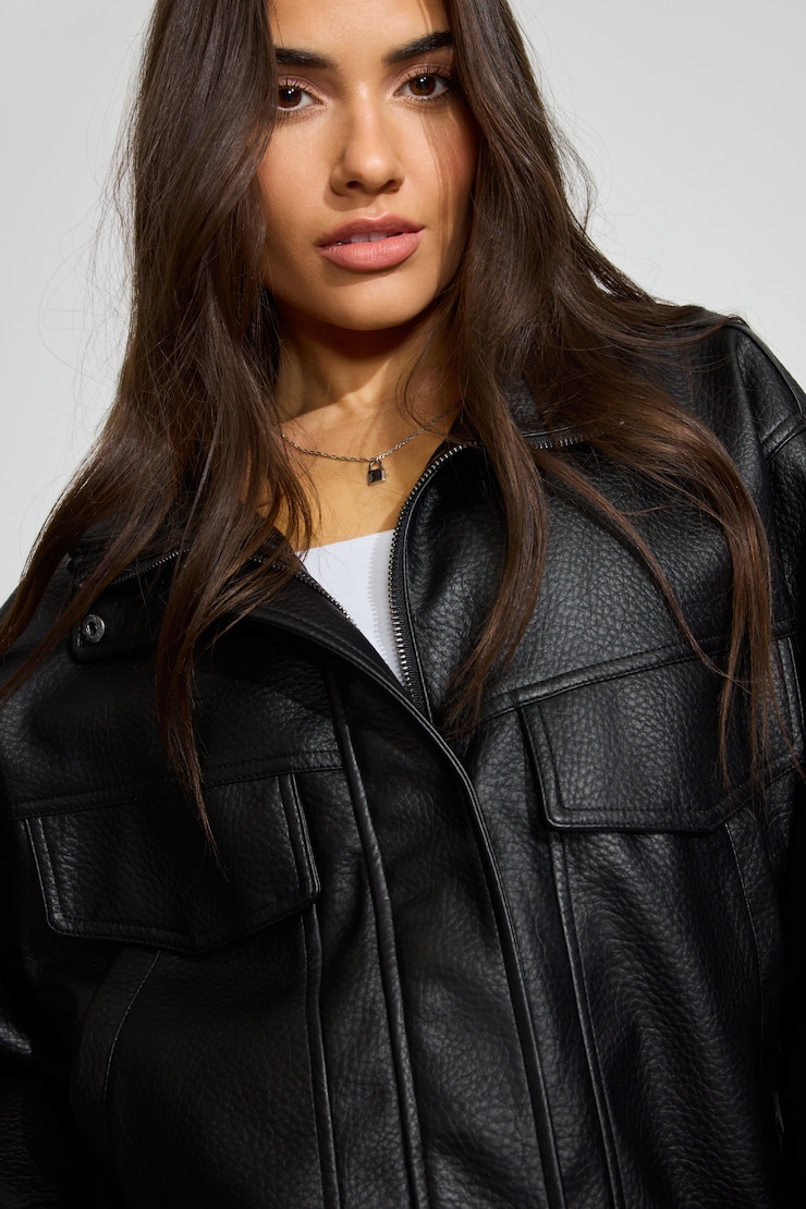 Oversized Faux Leather Bomber Black - Image 4
