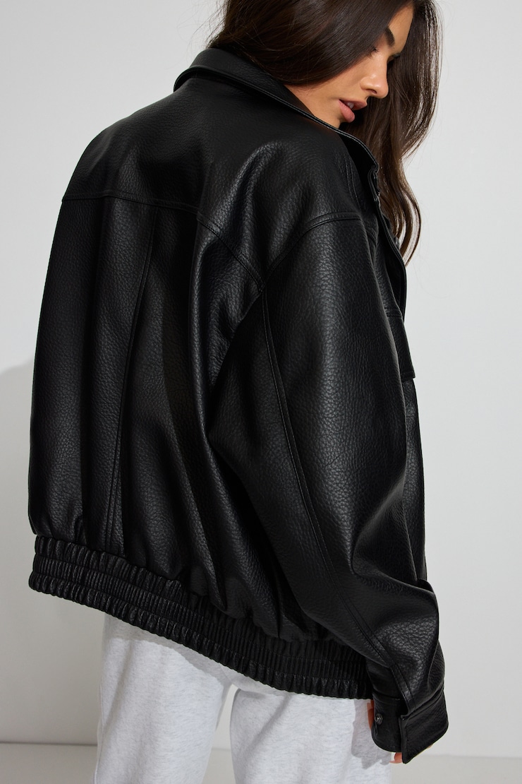Oversized Faux Leather Bomber Black - Image 5