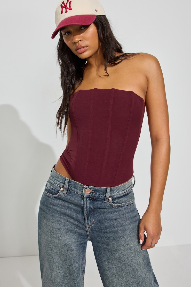 Mesh Longline Tube Corset Top Burgundy - Image 2