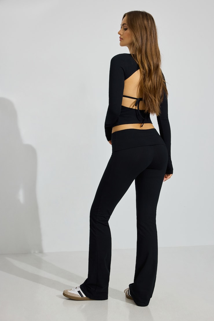 Soft Cotton Fold Over Flare Pants Black - Image 4