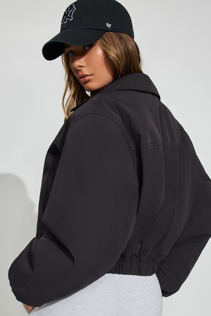 Cropped Nylon Bomber Jacket Black - Image 4
